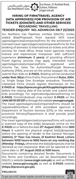 Sui Northern Gas Lahore Tender Notice